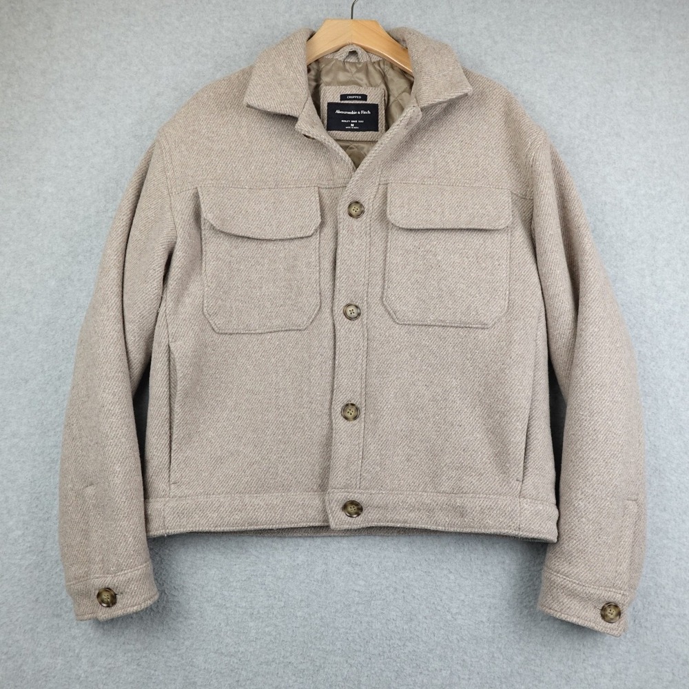 Abercrombie Fitch Cropped Wool Blend Shirt Jacket Womens Medium Tan Quilt Lined